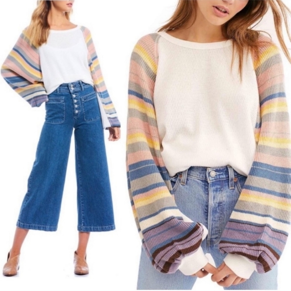 NWT Free People White Combo Oversize Knit Top - Size Medium